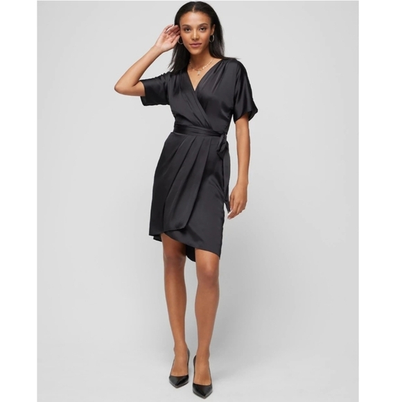 WHBM Short Sleeve Kimono Satin‎ Wrap Dress Black Womens Size M Cocktail Party - Picture 1 of 15